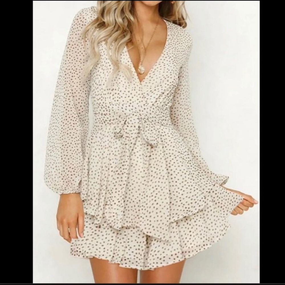 Cream and Brown, Ruffle Dress with Tie